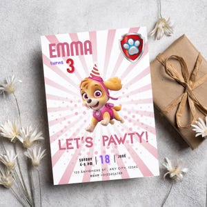 SKYE PAW PATROL Pink Birthday Invitation for girls Editable Digital Birthday Party Invite Instant Download Template Paw Patrol Invitation