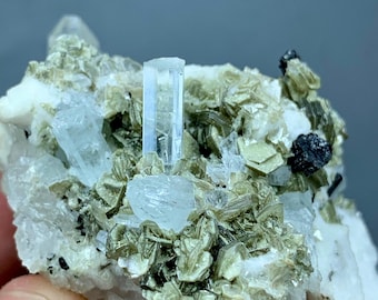 77 g d'aigue-marine naturelle sur moscovite, avec albite et tourmaline noire du Pakistan