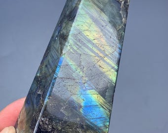 182g Natural Labradorite Crystal Tower – Polished Tetragonal Obelisk with Vibrant Flash