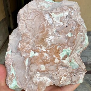 May include: A large, irregularly shaped rock with a mix of colors. The rock has a light brown base with areas of white, green, and darker brown. The surface is textured with various patterns and formations.