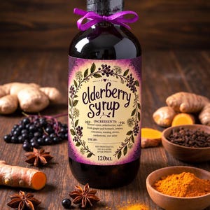 Op de afbeelding: Een doorzichtige glazen fles vlierbessensiroop met een paars lint om de hals. Het etiket vermeldt Elderberry Syrup, ingrediënten zoals gember, kurkuma en steranijs, en geeft een inhoud van 120ml aan. De fles bevat een donkere vloeistof.