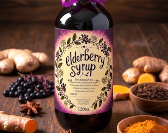May include: A clear glass bottle of elderberry syrup with a purple ribbon tied around the neck. The label reads Elderberry Syrup, lists ingredients including ginger, turmeric, and star anise, and states 120ml. The bottle is dark liquid.