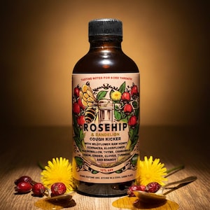 Könnte beinhalten: Eine braune Flasche Rosehip & Dandelion Cough Kicker mit einem Etikett mit einer Biene, Hagebutten und Löwenzahnpflanzen. Das Etikett listet Zutaten wie Wildblütenhonig, Echinacea und Brandy auf. Zwei gelbe Löwenzahnpflanzen und Hagebutten befinden sich im Vordergrund.