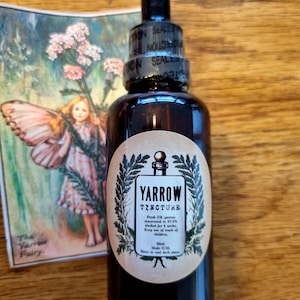 Puede incluir: Una botella de vidrio ámbar oscuro de tintura de milenrama con un cuentagotas negro. La etiqueta presenta texto y un diseño de corona. Una pequeña ilustración de un hada con alas de mariposa es visible en el fondo.
