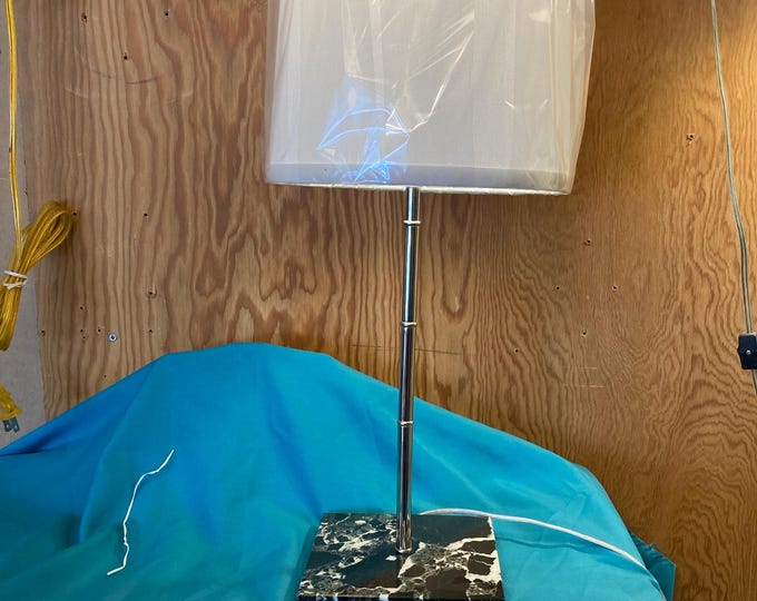21.5” polished nickel and black zebra marble lamp with drum shade