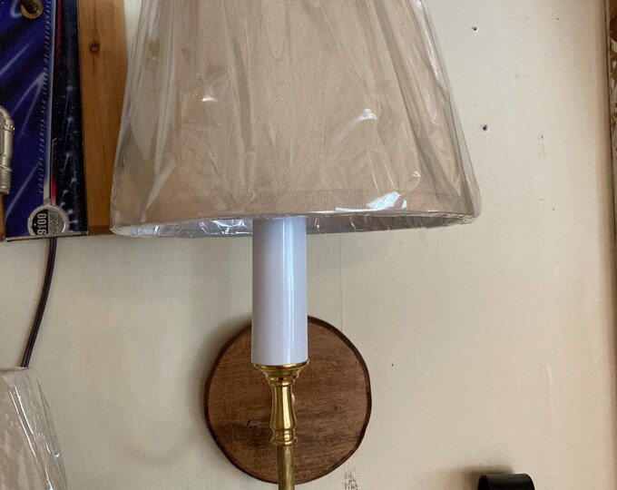 Large round wooden backed pin up lamp with shade