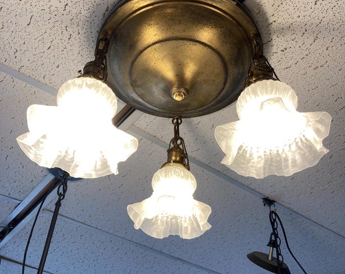 vintage brass flush mount three light pull chain fixture