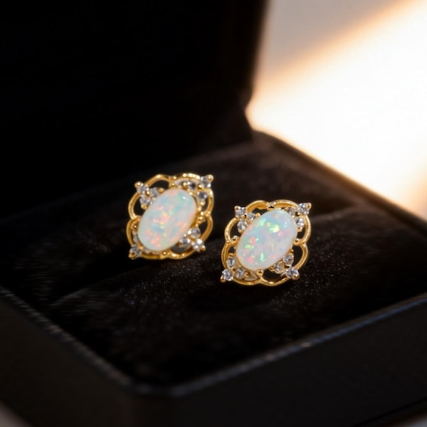 Vintage Opal Stud Earrings, S925 Silver Blue Opal Jewelry, 14K Gold White Opal Studs, October Birthstone, Dainty Halo Gift for Her