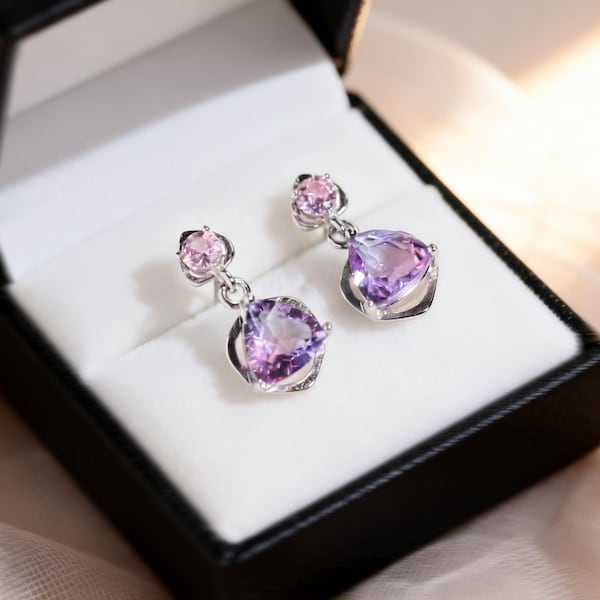 Gradient Purple Triangle Earrings, S925 Silver Galaxy Studs, Fairycore Dangle Earrings, Rainbow CZ Jewelry, Gift for mom wife
