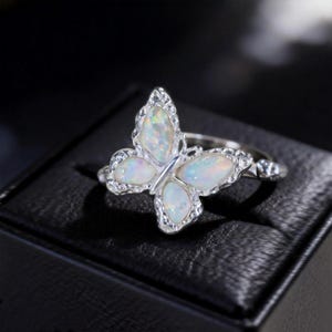 Adjustable Sterling Silver Butterfly Ring with Natural Opal, Elegant Open Band Statement, Birthstone Jewelry, Vintage Retro Style