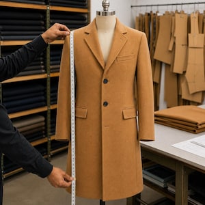 May include: A tan wool-blend overcoat on a mannequin, featuring a notched lapel, two black buttons, and two flap pockets. A white measuring tape is held vertically against the front of the coat to measure its length in inches.
