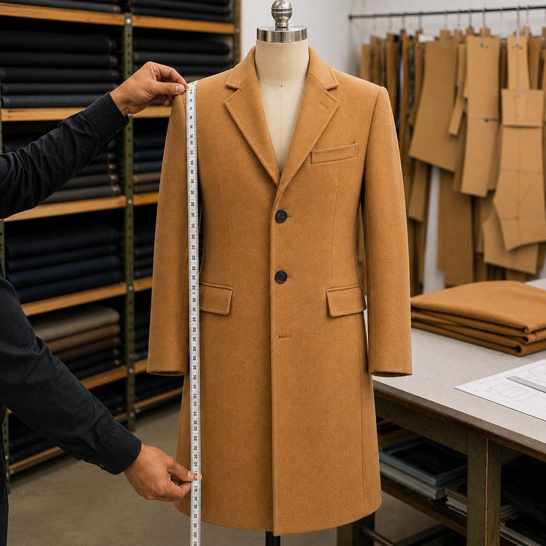 May include: A tan wool-blend overcoat on a mannequin, featuring a notched lapel, two black buttons, and two flap pockets. A white measuring tape is held vertically against the front of the coat to measure its length in inches.