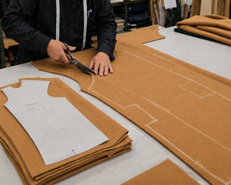 May include: A person in a black shirt uses metal scissors to cut a large piece of tan fabric. A white paper pattern labeled FRONT CUT - 2 rests on a stack of identical tan fabric pieces, while white chalk outlines are visible on the main fabric.