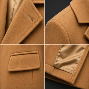 May include: A camel-colored coat featuring a notched lapel with a buttonhole, structured shoulders, a flap pocket, and a smooth, matching satin-like interior lining. The garment displays precise stitching and a soft, felted texture throughout.