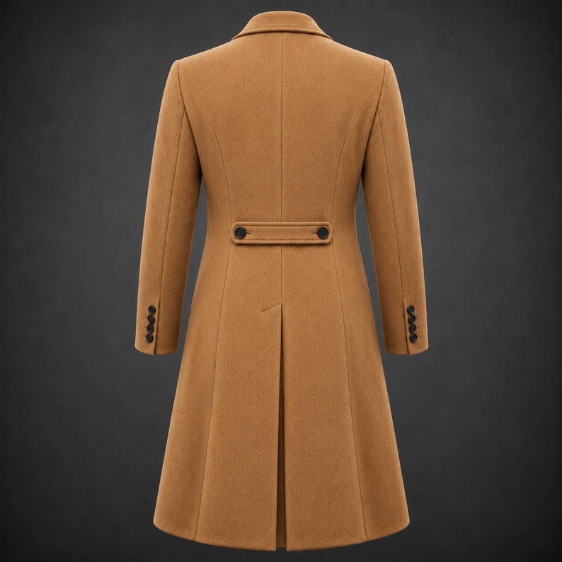 May include: A tan long coat featuring a structured collar, long sleeves with four black buttons at each cuff, and a horizontal back tab detail with two black buttons. The coat includes a central vertical seam and a single back vent at the hem.