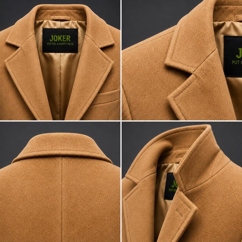 May include: A tan coat with a notched lapel and a smooth tan lining. A black interior label features the text JOKER and PUT ON A HAPPY FACE in green lettering. The coat has a structured collar and visible stitching along the seams and lapel edges.