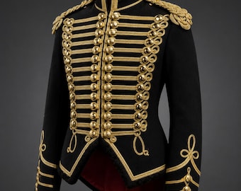 Men's Hussar Jacket Black Gold | Military Parade Jacket | Drum Major Uniform | Band Leader Coat | Victorian Steampunk Jacket