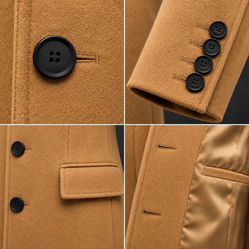 May include: A camel-colored coat featuring a textured fabric surface, black circular buttons with four holes, a flap pocket, and a smooth matching interior lining. The sleeve cuff displays four aligned black buttons along the outer edge.