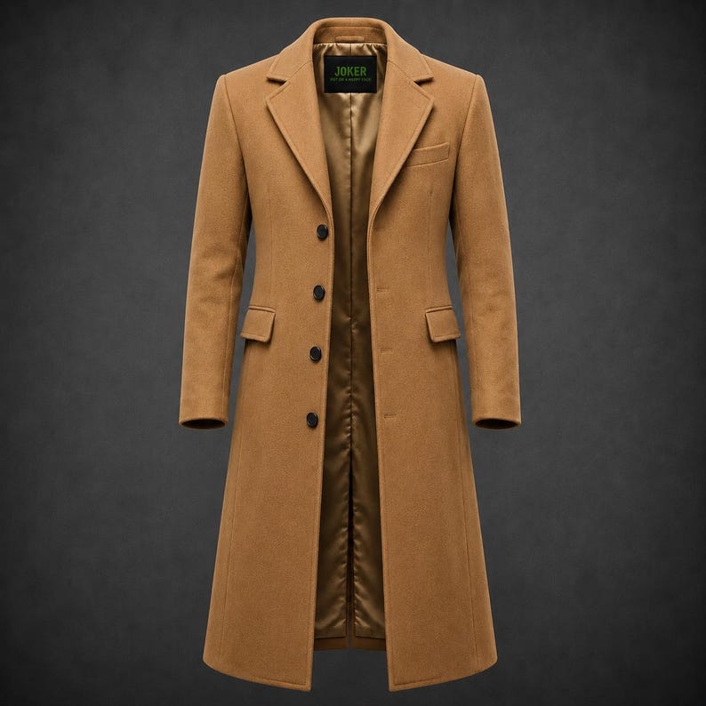 May include: A camel-colored long coat featuring a notched lapel, four black buttons down the front, and two side flap pockets. The interior is lined with a matching tan satin fabric, and a black label with the text JOKER is visible at the neck.