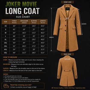 May include: A tan long coat shown in front and back views with a size chart titled JOKER MOVIE LONG COAT. The chart lists chest, shoulder, sleeve, and length measurements in inches for sizes XS to 5XL, alongside instructions on how to measure.