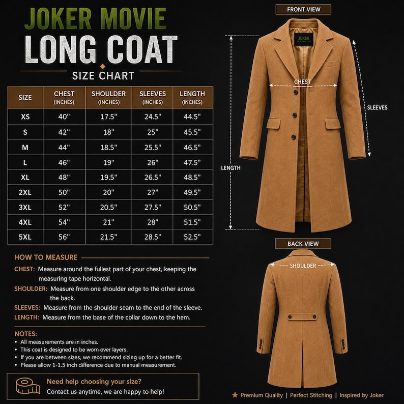 May include: A tan long coat shown in front and back views with a size chart titled JOKER MOVIE LONG COAT. The chart lists chest, shoulder, sleeve, and length measurements in inches for sizes XS to 5XL, alongside instructions on how to measure.
