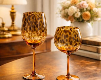 Leopardmönstrade vinglas, vintagevinglas, 2 handblåsta vinglas, glas med fot, present till par, födelsedagspresent, jubileumspresent