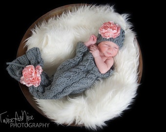 Newborn Cabled Cocoon and Matching Hat with Removable Handmade Flower Accents