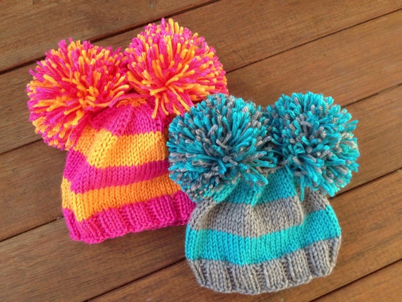 Striped Extra Large Pom Pom Hat Made to Order You Choose