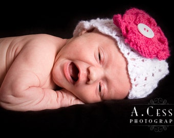 Lace Beanie with Flower and Button Center