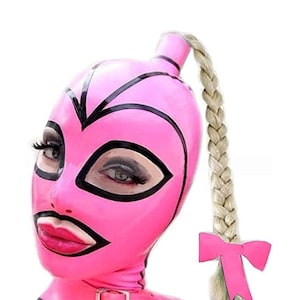 Handmade Pink Latex Hood with Ponytail Wig – Cosplay Halloween Clubwear Mask