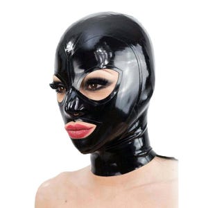 Handmade Black Latex Rubber Hood – Open Eyes & Mouth, Unisex Cosplay Costume Mask with Zipper