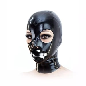Handmade Black Latex Hood Mask with Button Cover, Cosplay Headwear for Halloween, Stage Costume, Unisex Sizes