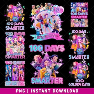 Può includere: Una collezione di grafiche digitali con il testo "100 Days Smarter" e illustrazioni di personaggi animati. I disegni presentano colori vivaci, stelle e fulmini, adatti a scopi educativi o celebrativi.