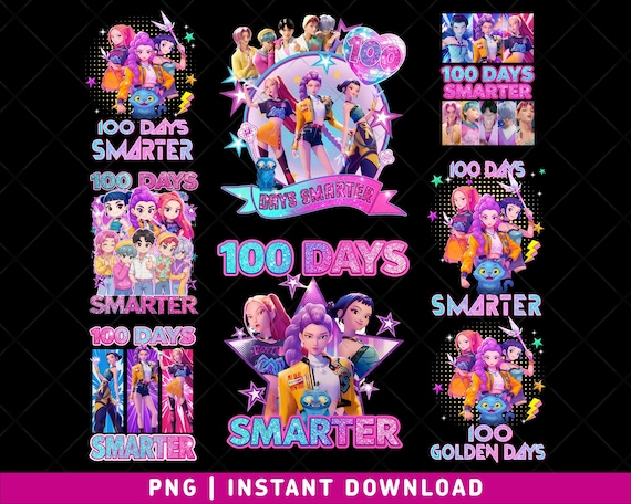 100 Days Smarter K-Pop Demon Hunters Bundle PNG, 100 days of School Png Bundle, 100 days Huntrix Saja Boys Bands PNG, Instant Download