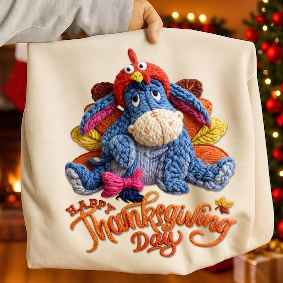 Faux Crochet Eeyore PNG, Latch Hook Yarn Embroidery Clipart, Happy Thanksgiving Day, Fall Crochet Character Art