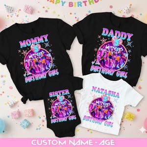 May include: A set of black and white t-shirts and a onesie with a K-Pop theme. The shirts have the words "Mommy", "Daddy", and "Natasha" with a "5" and the words "Birthday Girl". The onesie says "Sister".