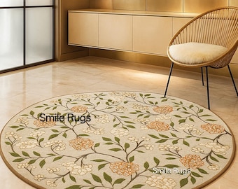 Handgefertigter Runder Wollteppich: Beige & Grün Floral Botanischer Teppich