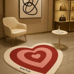 Cozy pink and red heart-shaped area rug for a charming, joyful, and modern bedroom or living room. A plush accent for your home decor.