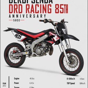 Puede incluir: Una motocicleta Derbi Senda DRD Racing negra y roja, que celebra su 85 aniversario. La moto tiene un motor de 50 cc, con una velocidad máxima de 90 km/h. La imagen incluye especificaciones técnicas y el año 2012.