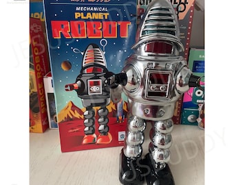 23.5cm Vintage Planet Robot: 1950s Tin Wind-Up Toy with Spark Action
