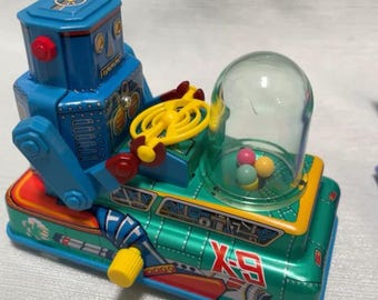 Vintage 1997 Masudaya Mini X-9 Space Robot Car, Japanese Wind-Up Tin Toy