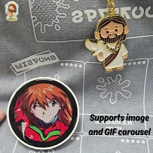 May include: A collection of character-themed accessories. Includes a round pin with an anime character, a gold-colored Jesus pendant, and a sticker with the word "WEAPONS". The text "Supports image and GIF carousel" is also visible.