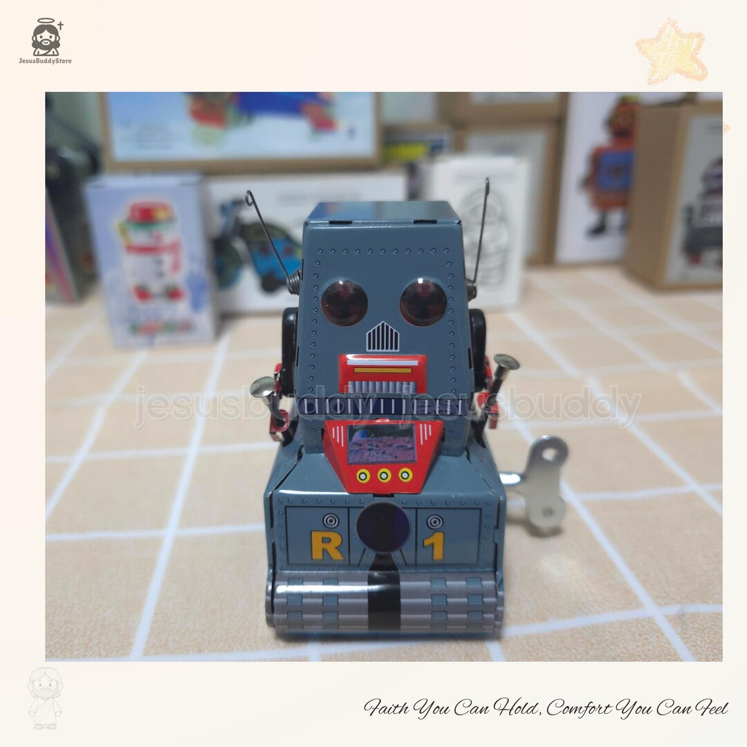 ビンテージのゼンマイ式ブリキ製ロボット – レトロなR-1戦車型ゼンマイ 