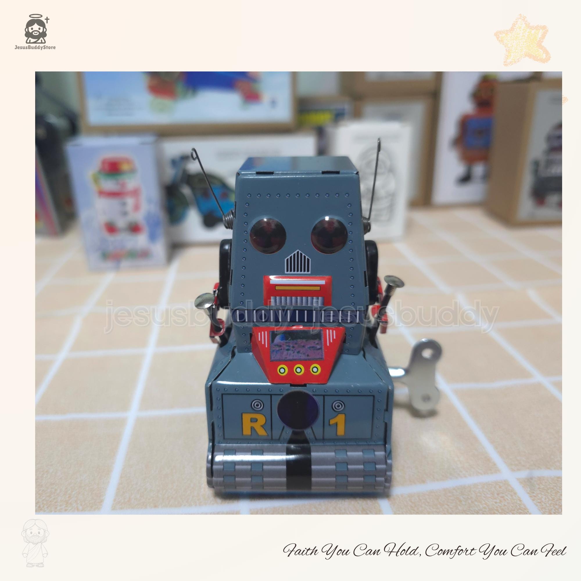 ロボット ブリキ ビンテージのゼンマイ式ブリキ製ロボット レトロなR-1