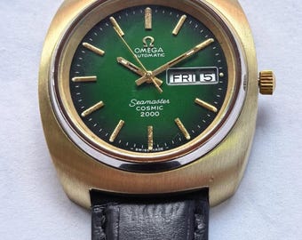 1970s Omega Seamaster Cosmic 2000 Automatic Watch, Green Dial, Day-Date, 38.5mm Gold-Tone Case