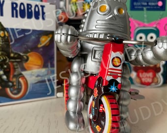 Vintage Tin Toy Robot on Tricycle – Wind-up Bell Toy, 9.5cm