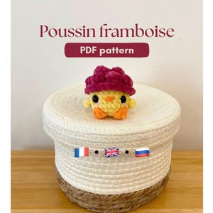 Peut inclure: Un poussin crocheté avec un chapeau framboise est posé sur un panier tressé. Le texte "Poussin framboise PDF pattern" est affiché au-dessus du poussin. Le panier a un dessus blanc et une base marron.