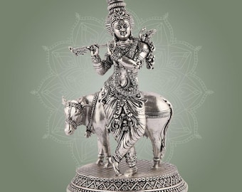 Krishna with Cow Idol 6.75" Silver Finish Handcrafted Brass Sculptures
