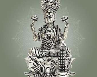 Silver Plated Goddess Lakshmi Lotus Base Brass Statue 4"