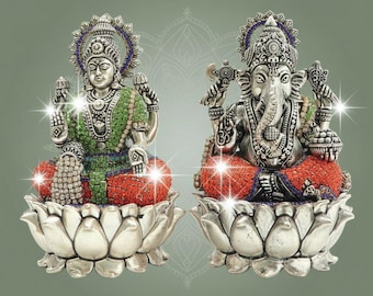 Statua in ottone di Lakshmi e Ganesha su base di loto con decorazioni in pietre multicolori, 15 cm (6 pollici)